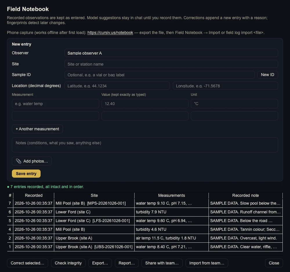 Cursiv Field Notebook with sample observations, sites and measurements