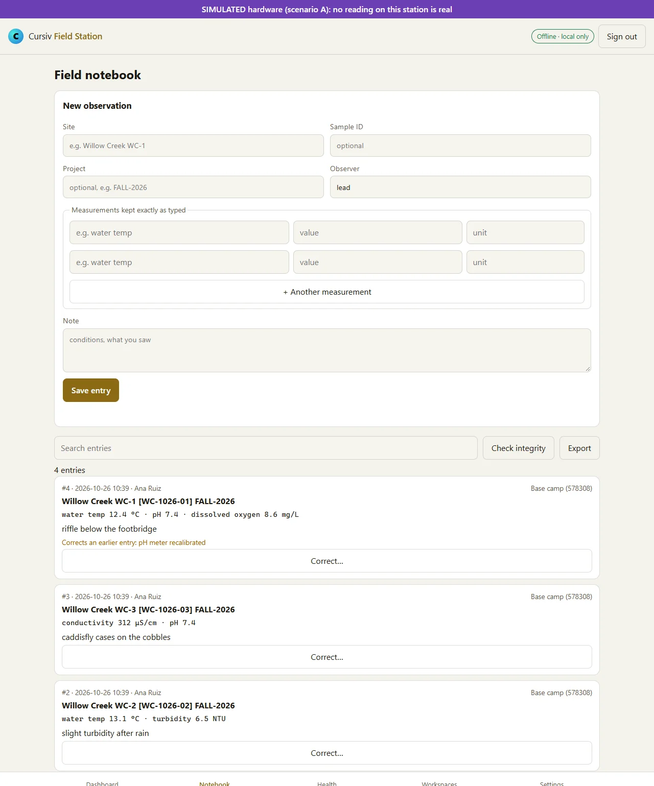 The Field Station notebook in a desktop browser: the new-observation form and a list of entries from Willow Creek with water temperature, pH, dissolved oxygen, turbidity and conductivity, including a correction that keeps the original entry.