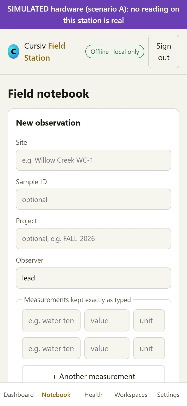Phone screen: the field notebook form with site, sample ID, project, observer and measurements kept exactly as typed.