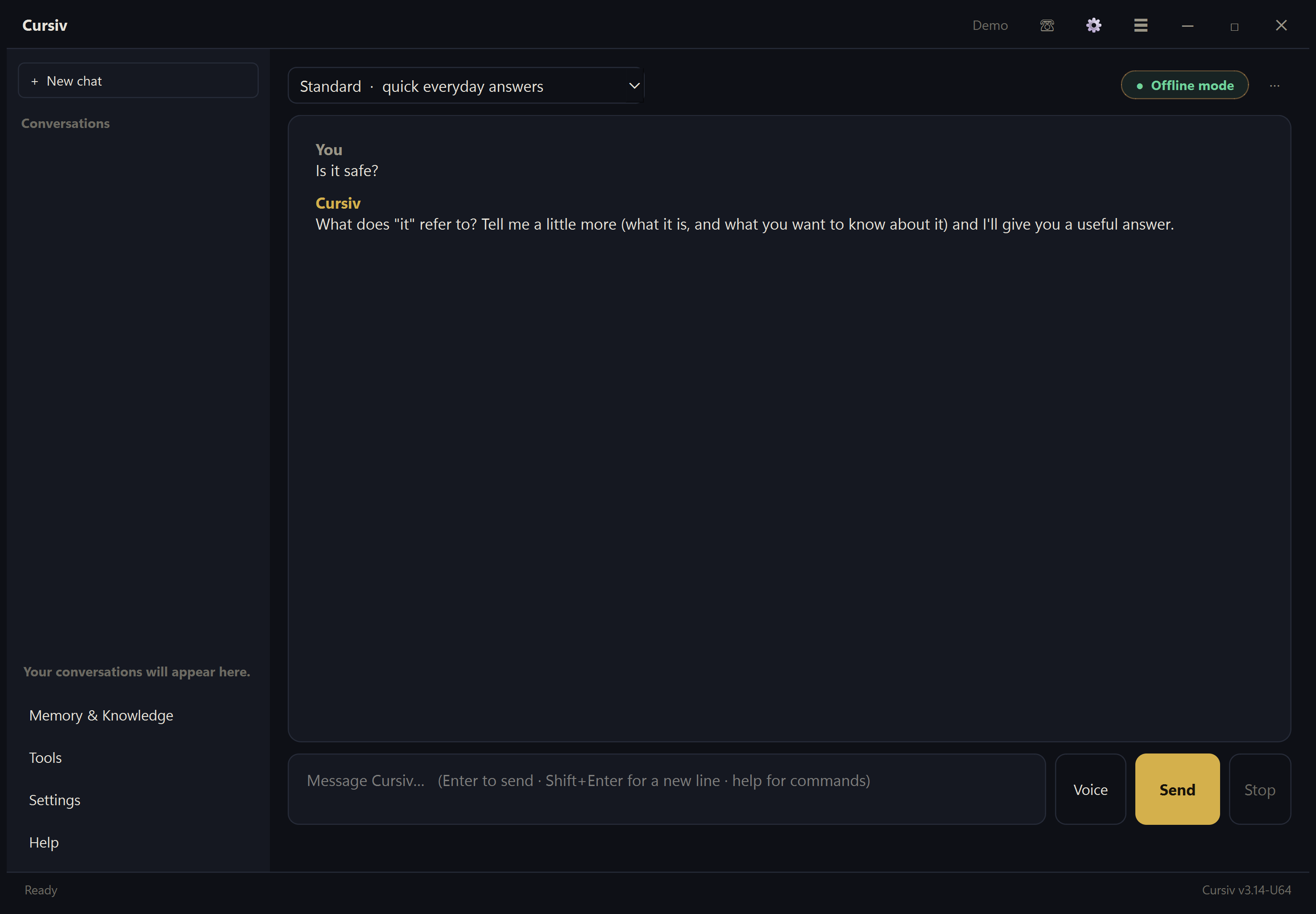 Cursiv in dark mode asking what 'it' refers to