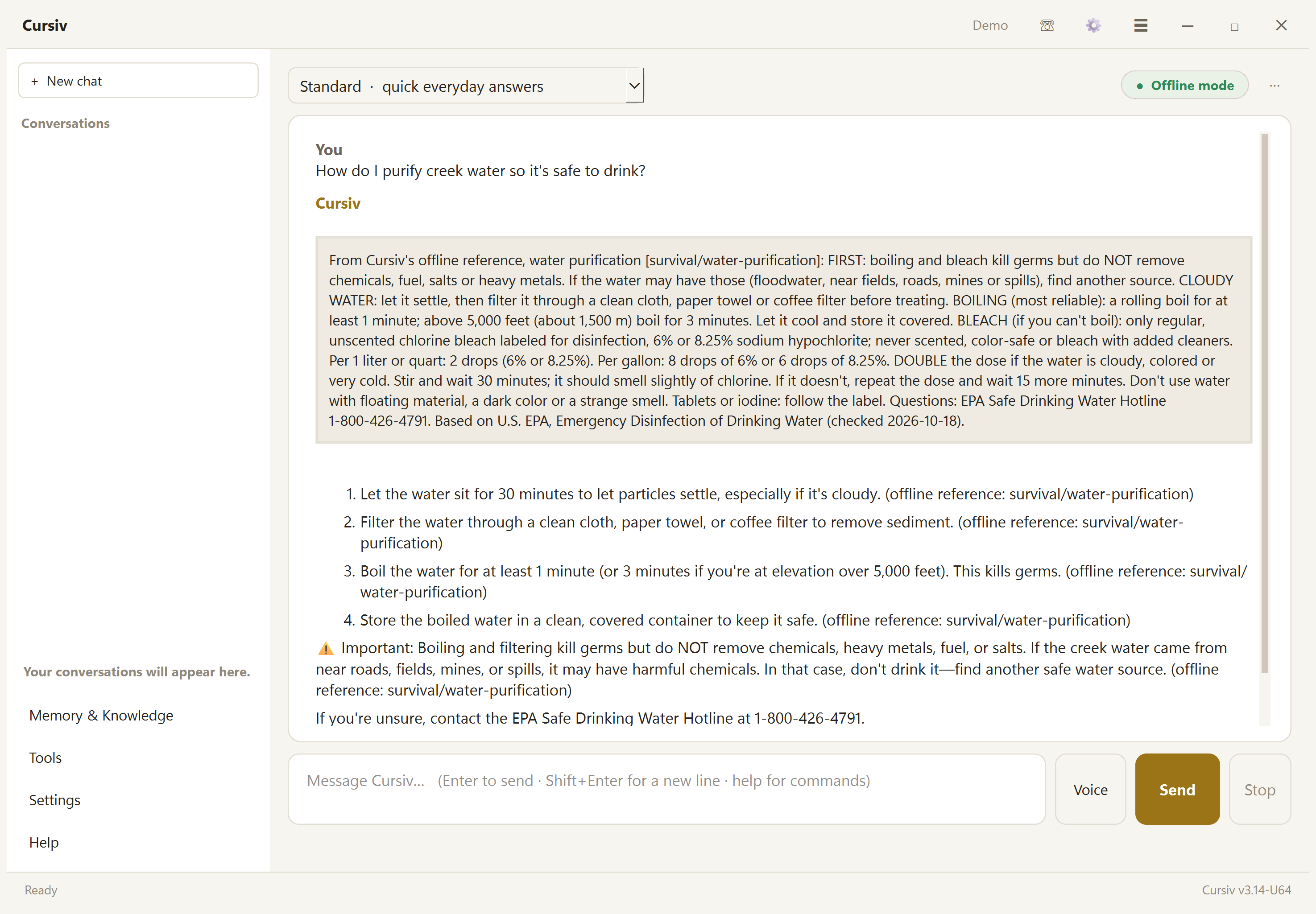 Cursiv in offline mode answering how to purify creek water, with the EPA-based reference entry shown above a numbered answer