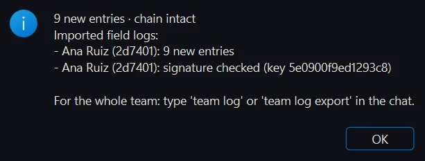 Import report: 9 new entries, chain intact. Ana Ruiz: 9 new entries. Ana Ruiz: signature checked.