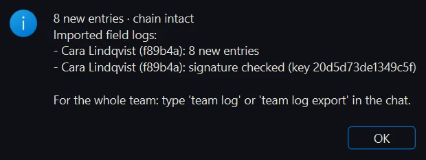 Import report: 8 new entries, chain intact. Cara Lindqvist: 8 new entries. Cara Lindqvist: signature checked.